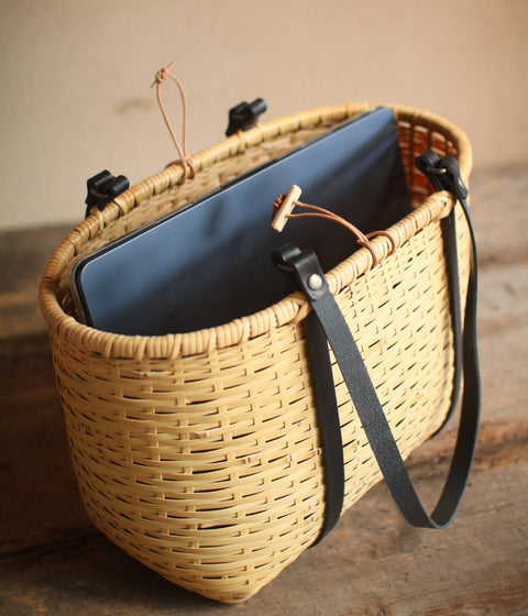 Bamboo Basket Round Tote - Black Handle