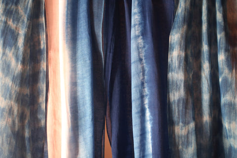 Natural Indigo Dyed Cotton Gauze Scarf {Aizome + Kakishibu Vertical Fade}
