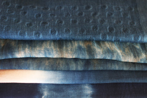 Natural Indigo Dyed Cotton Gauze Scarf {Aizome + Kakishibu Vertical Fade}