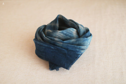Natural Indigo Dyed Cotton Gauze Scarf {Aizome + Kakishibu Vertical Fade}